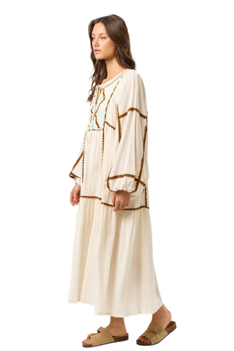 Embroidered Puff Long Sleeve Maxi Dress