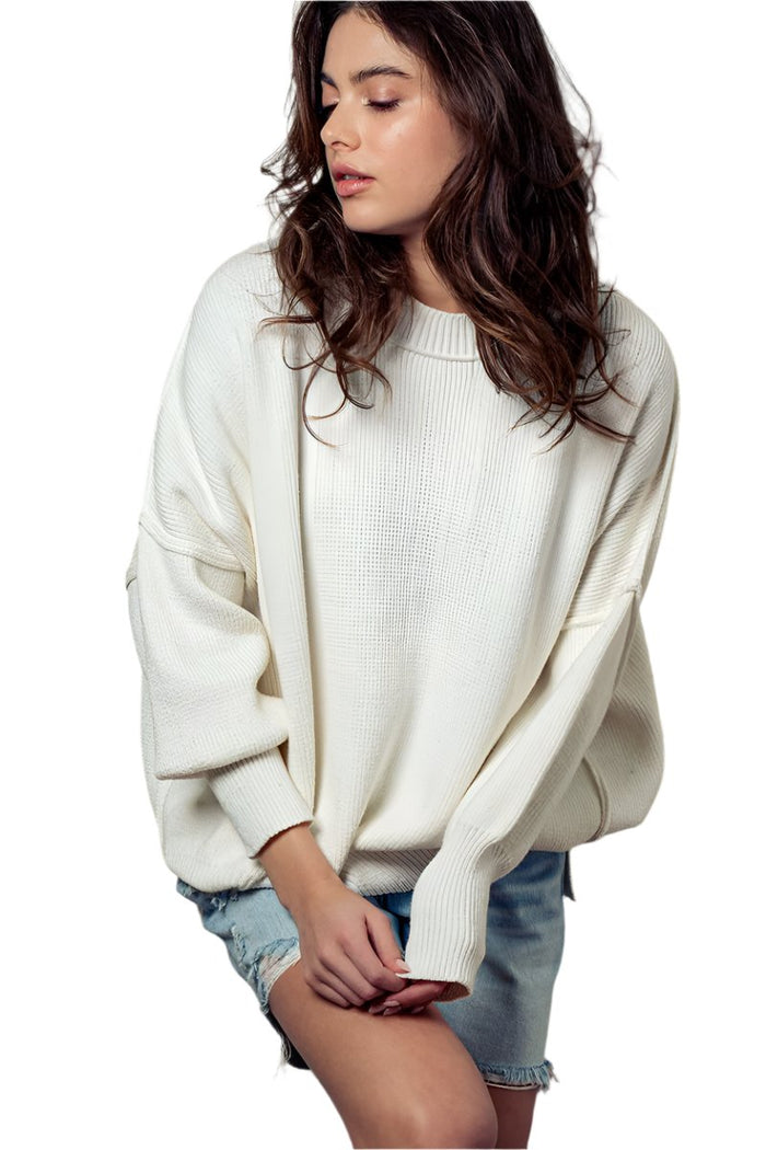 Oversized Side Slit Crew Neck Cozy Sweater