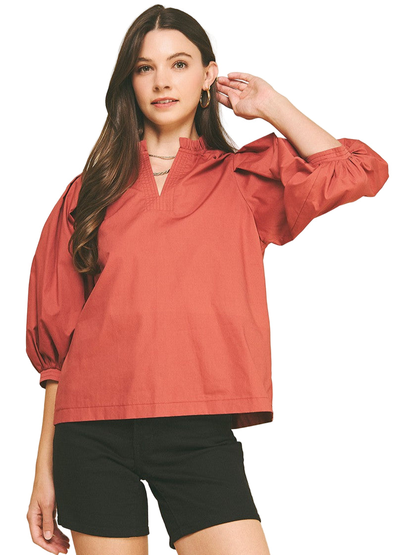 Ruffled Mock Neck Poplin Top