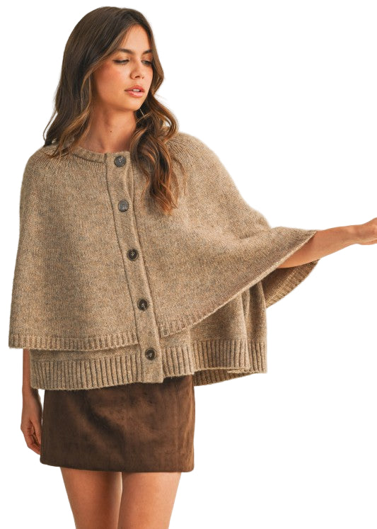 Button Closure Sweater Cape Cardigan