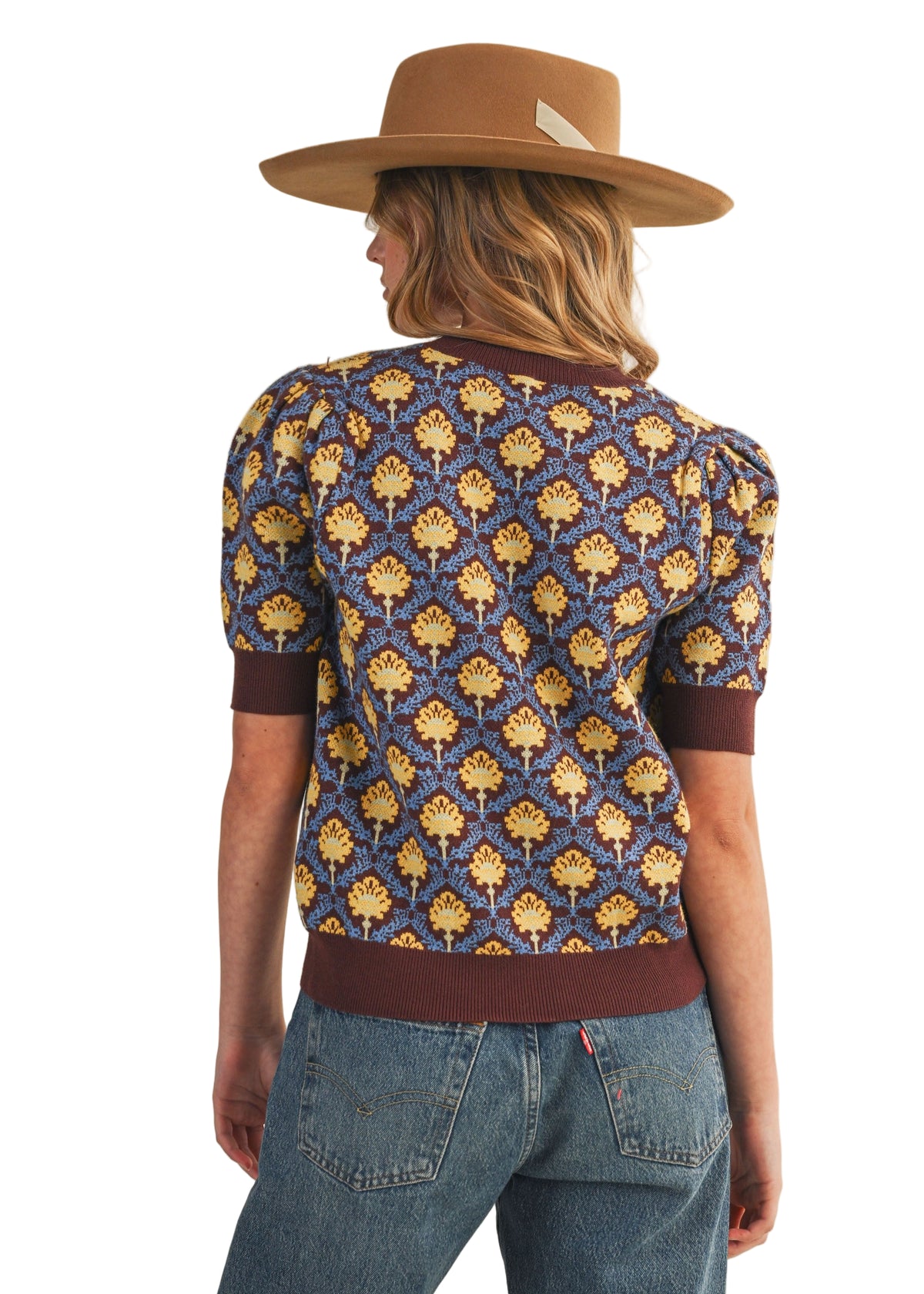 Floral Pattern Short Sleeve Sweater
