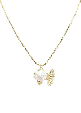 Pearl Fish Pendant Necklace - Gold