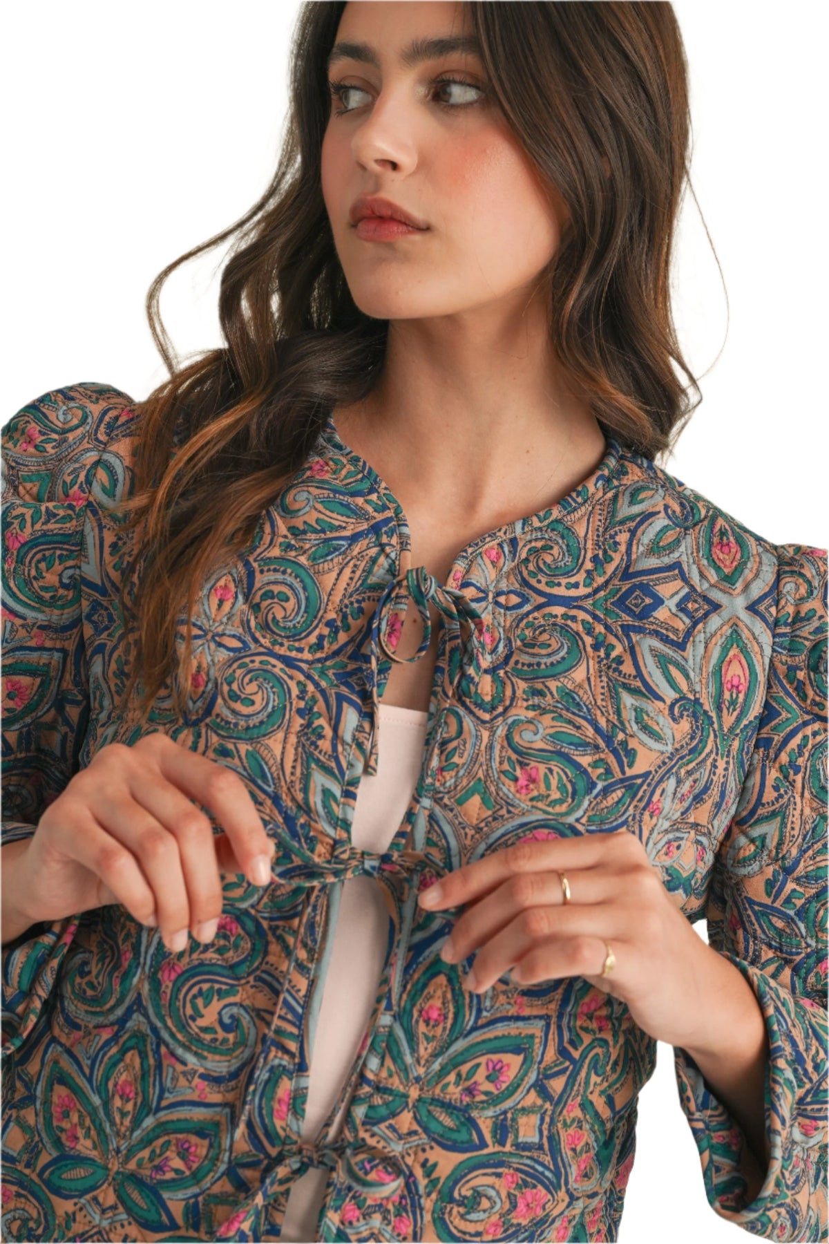 Quilted Printed Jacket w/ Bow Tie Front