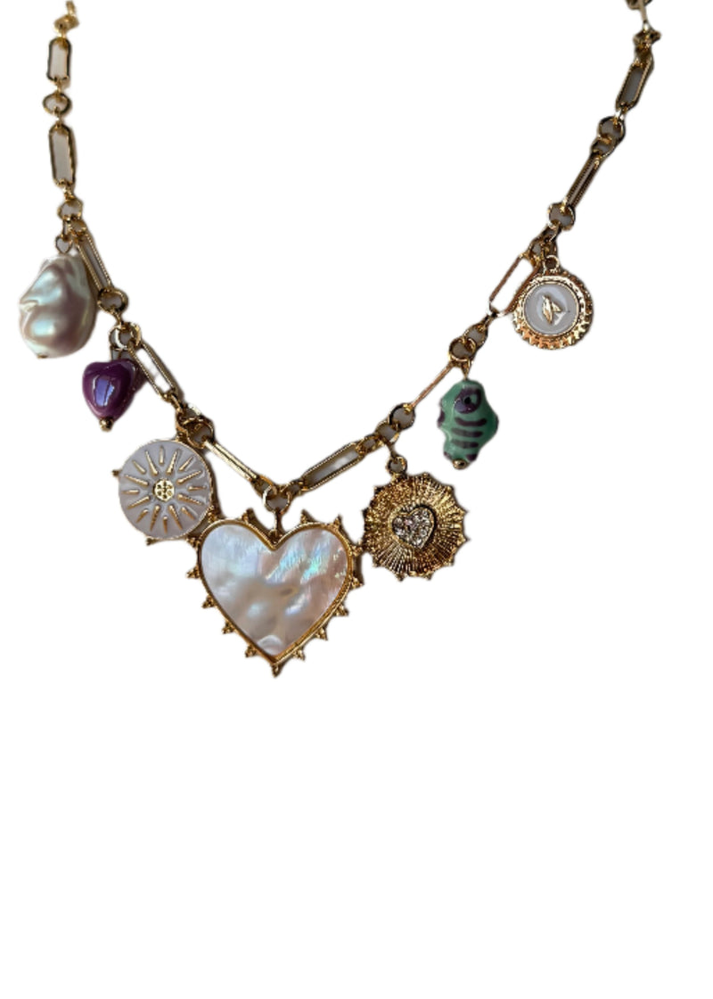 MOP Heart & Mixed Charm Necklace