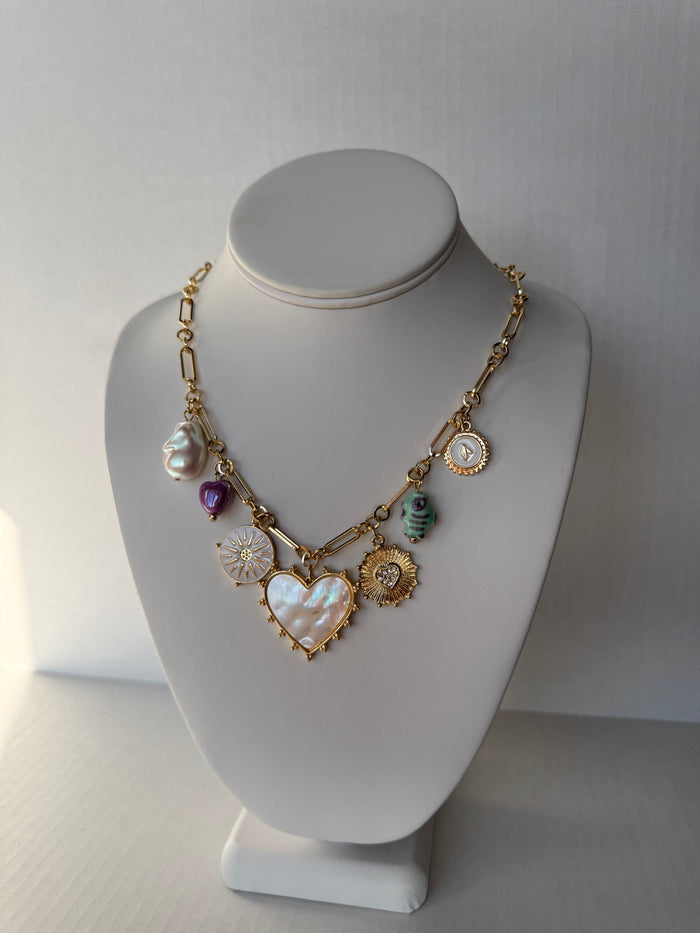 MOP Heart & Mixed Charm Necklace