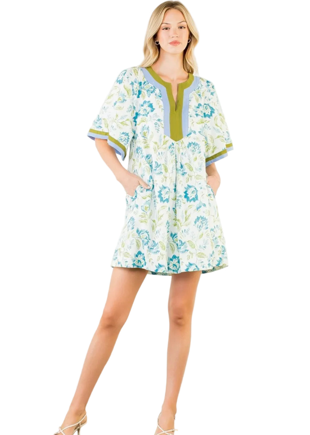 Short Sleeve Floral Pattern V-Neck Dress