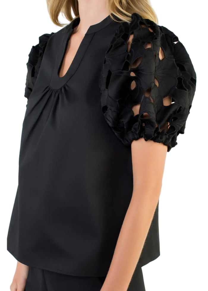 Eyelet Detail Puff Sleeve V-Neck Top