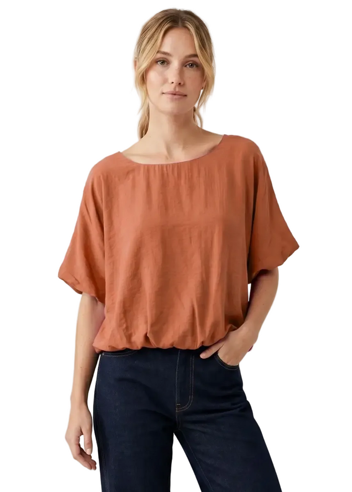 Wide Neck Short Sleeve Bubble Hem Top