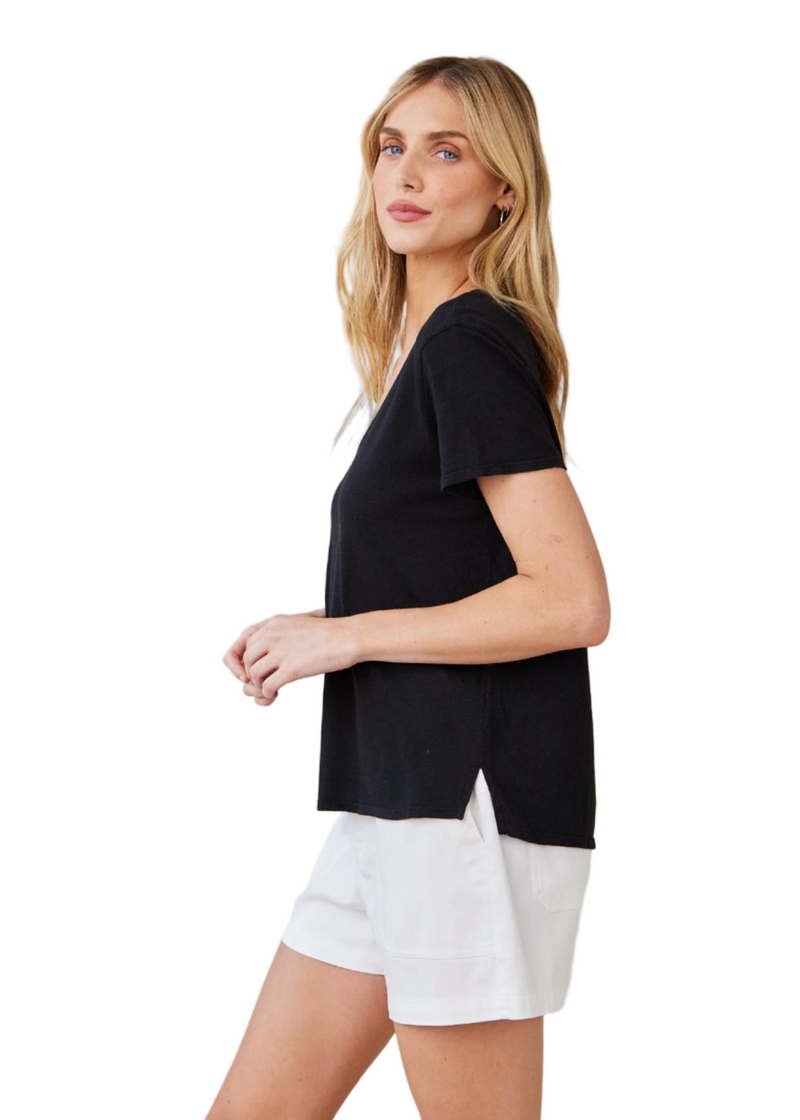 Side Slit V-Neck Tee - Black