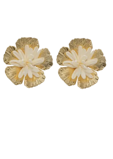 Straw & Metal Flower Earrings-White/Gold