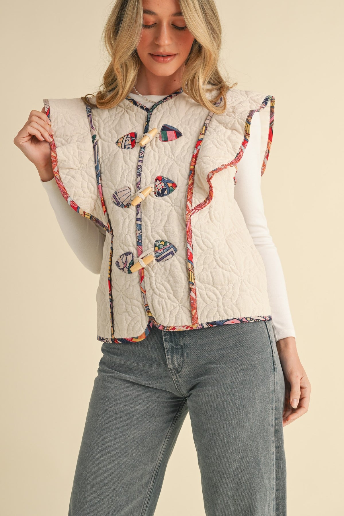 Flutter Sleeve Quilted Vest w/ Print Binding