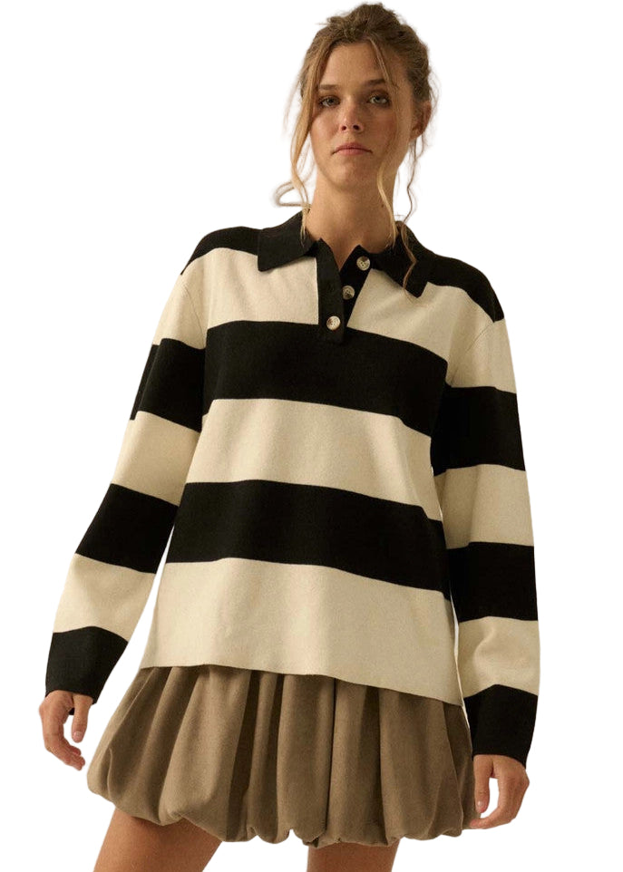 Striped Ribbed Collared Rugby Sweater
