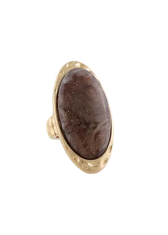 Decorated Oval Marble Stone Open Ring - Tortoise/Gold