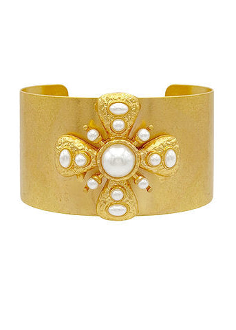 Byzantine Pearl Cross Wide Cuff - Cream/24K Vintage Gold