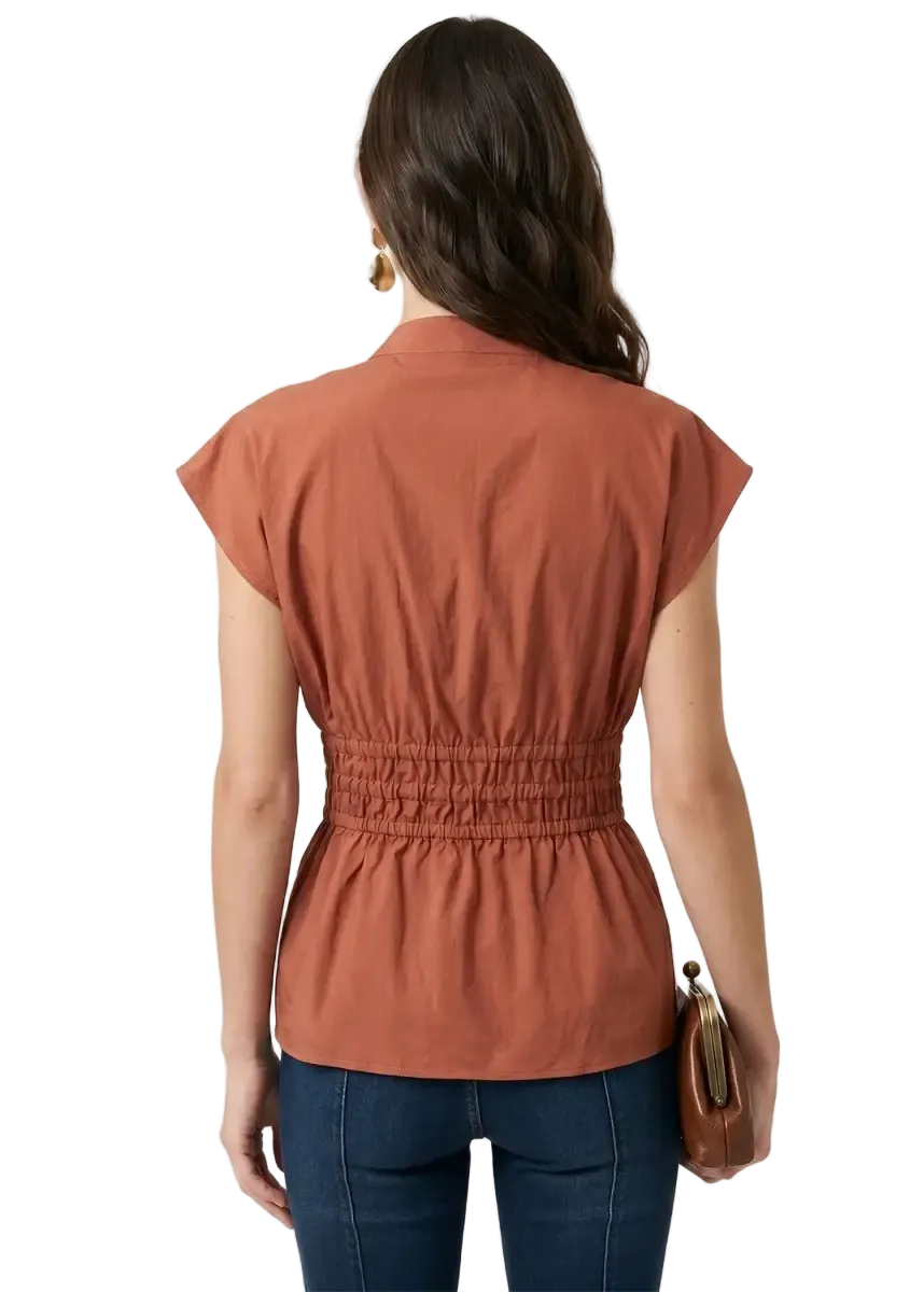 Grommet Tie Waist V-Neck Blouse