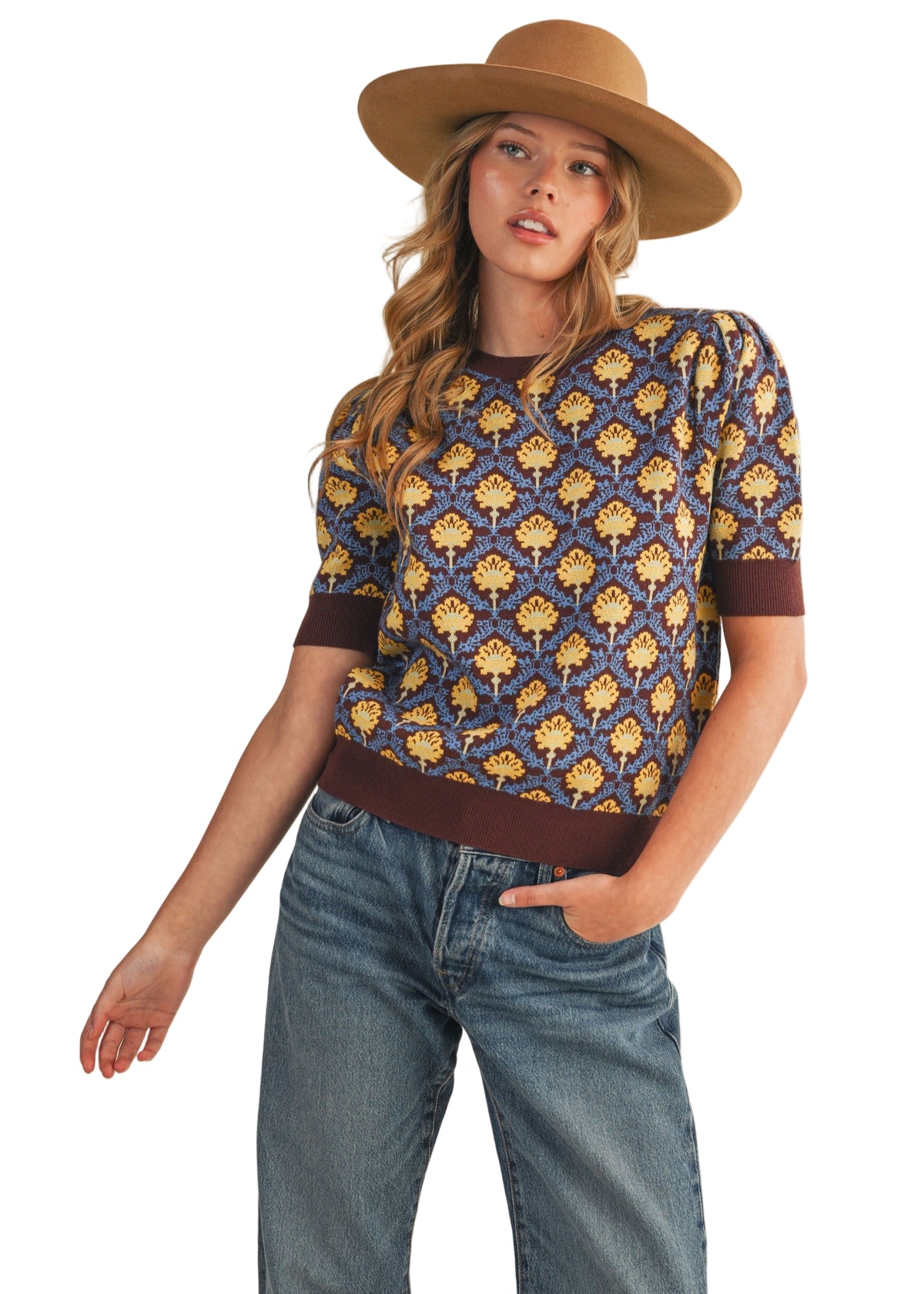 Floral Pattern Short Sleeve Sweater