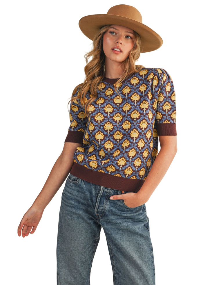Floral Pattern Short Sleeve Sweater