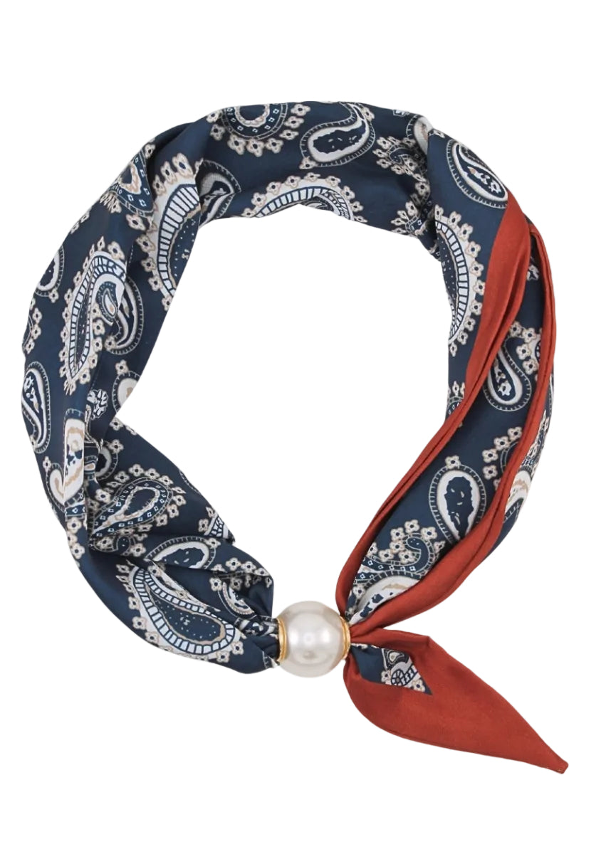 Pearl & Paisley Scarf Necklace - Navy
