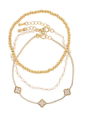 3 Row Clover Station Bracelet Set - Gold/Cream