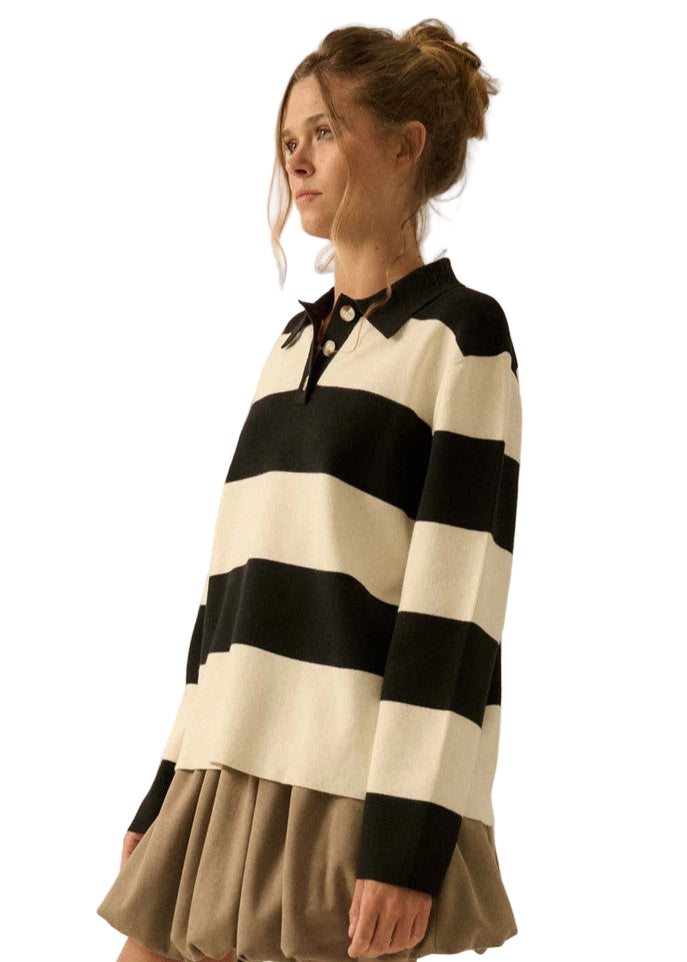 Striped Ribbed Collared Rugby Sweater