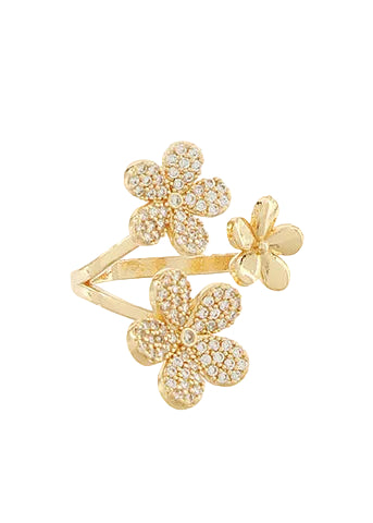 Pave Crystal 3 Flower Open Ring - Clear/Gold