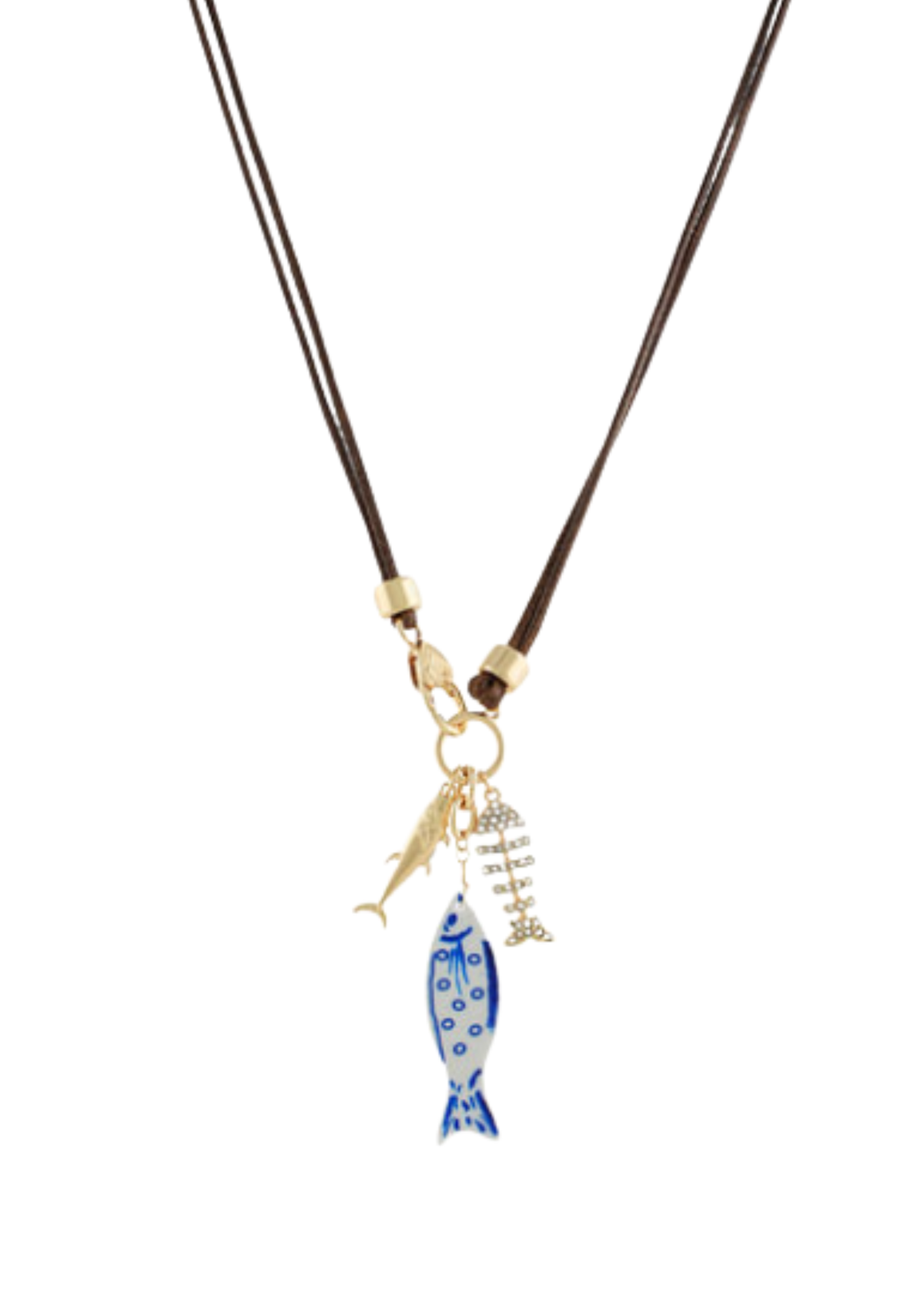 3 Fish Charm Cord Necklace - Gold/Brown