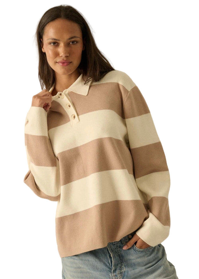 Striped Ribbed Collared Rugby Sweater