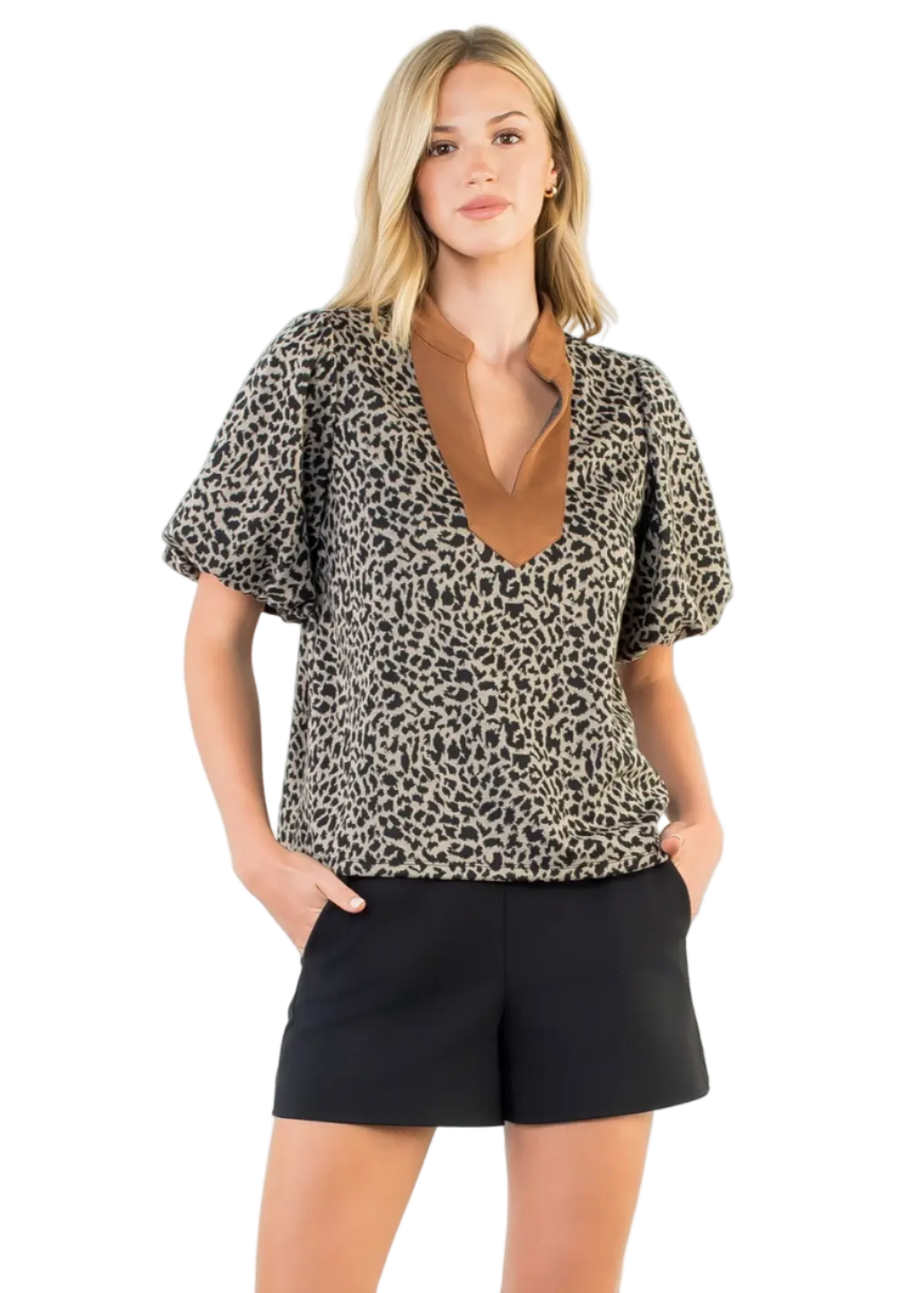 Leopard Print Puff Sleeve V-Neck Top