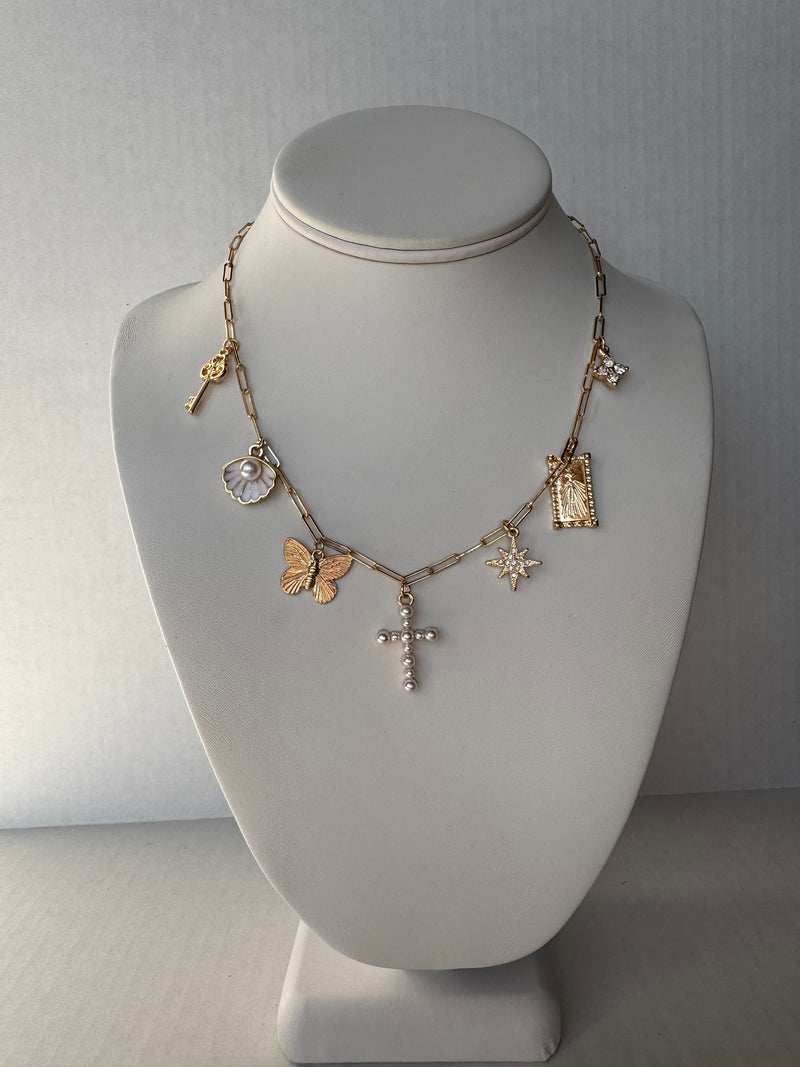 Pave Cross & Multi Charm Necklace