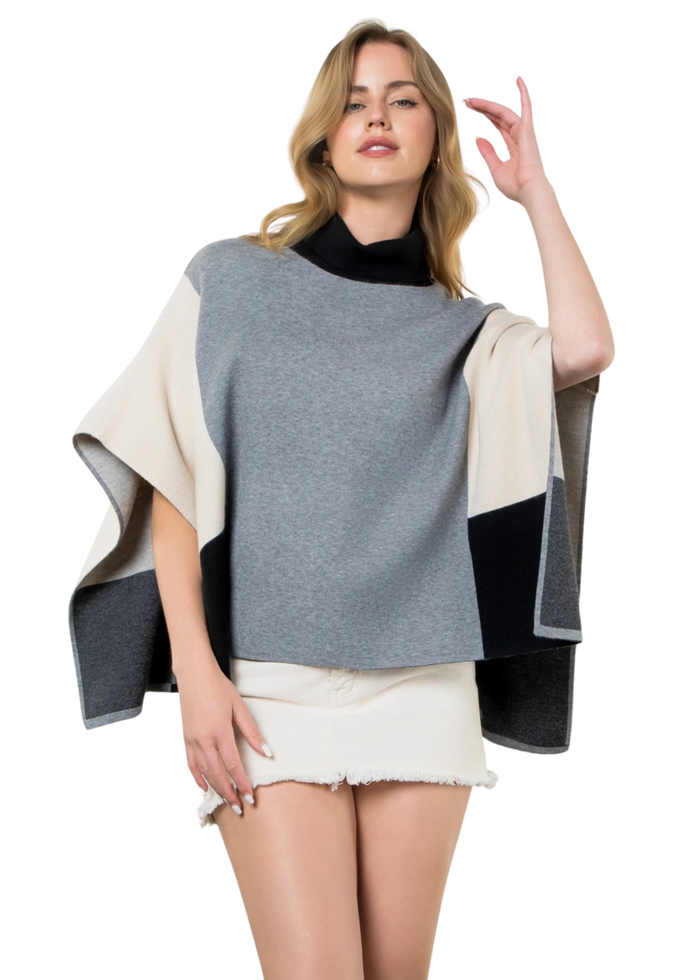 Colorblock Turtle Neck Poncho