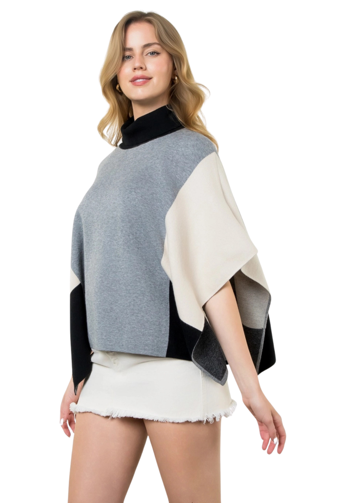 Colorblock Turtle Neck Poncho