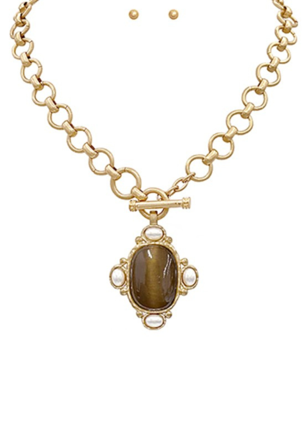 Oval Stone & Pearl Necklace Set