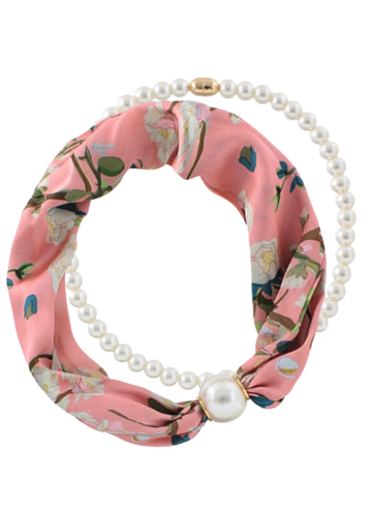 Floral Print Scarf with Pearl Magnetic Closure Necklace