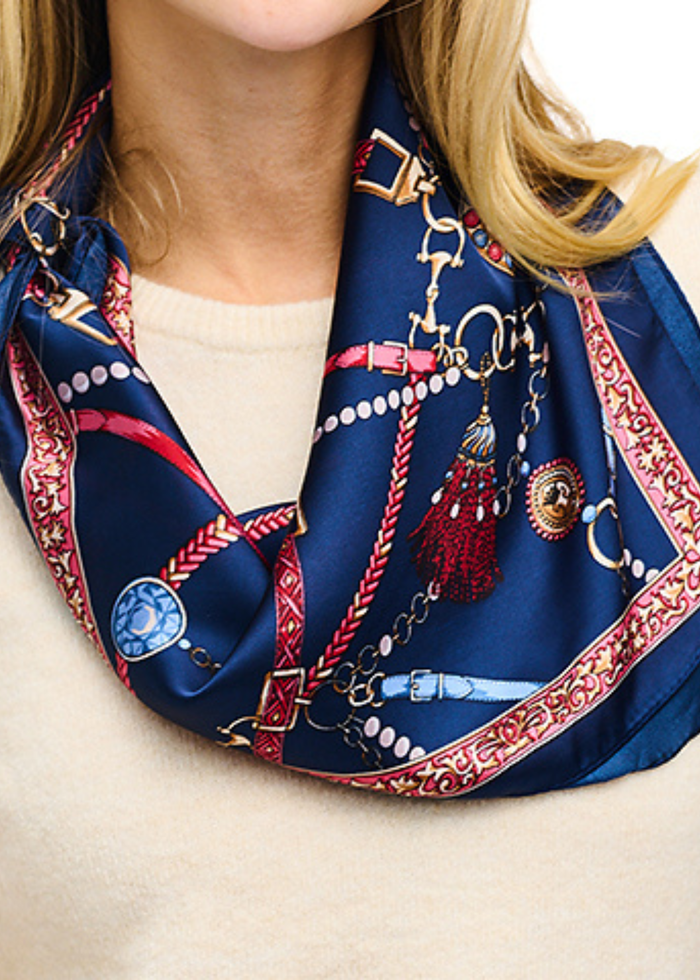 Horsebit Chain & Tassel Print Silky Bandana - Navy