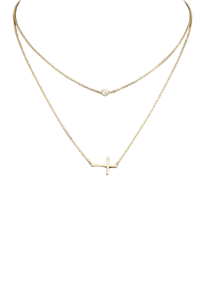 CZ Cross Layered Necklace - Gold/Clear