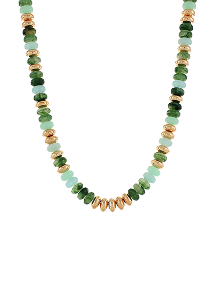 Stone Rondelle & Metal Necklace Set - Green/Gold