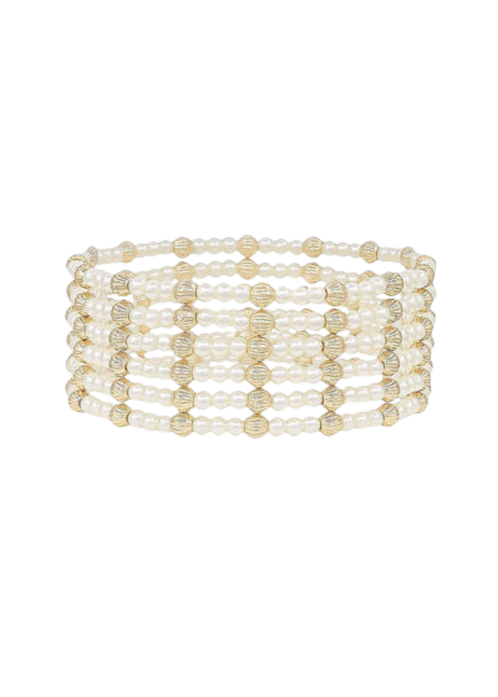 6 Row Pearl & Metal Bead Bracelet - Cream