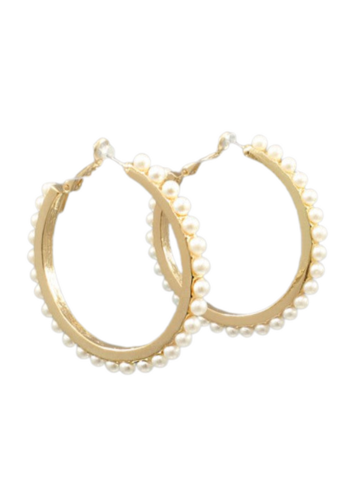 2" Pearl Studded Hoops Cream/GD