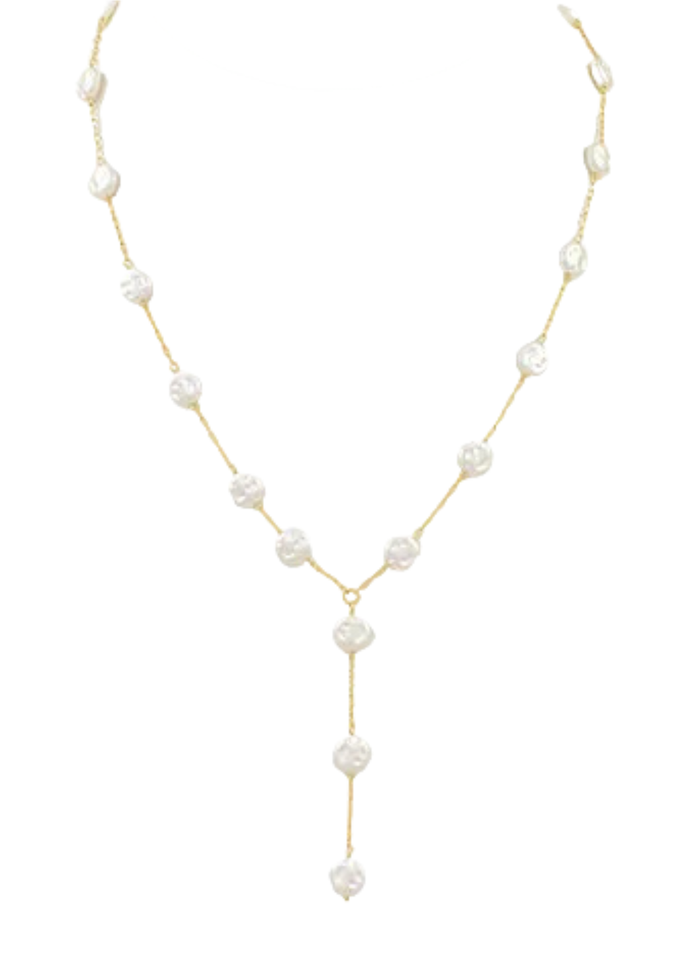 Y Shape Coin Pearl Necklace Set - Cream/Gold