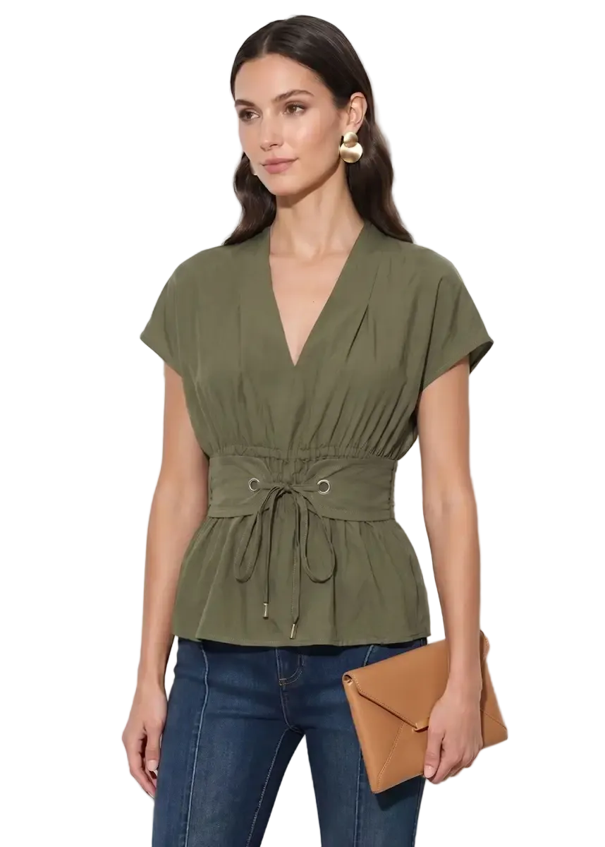 Grommet Tie Waist V-Neck Blouse