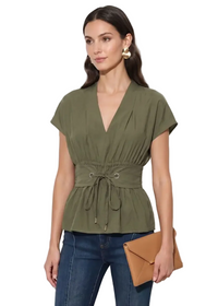 Grommet Tie Waist V-Neck Blouse
