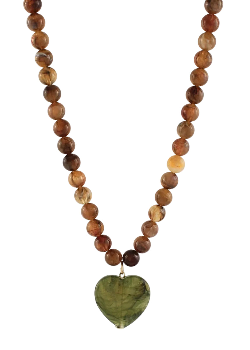 Marble Puffy Heart & Ball Necklace - Brown/Olive