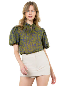 Twist Neck Puff Sleeve Print Top