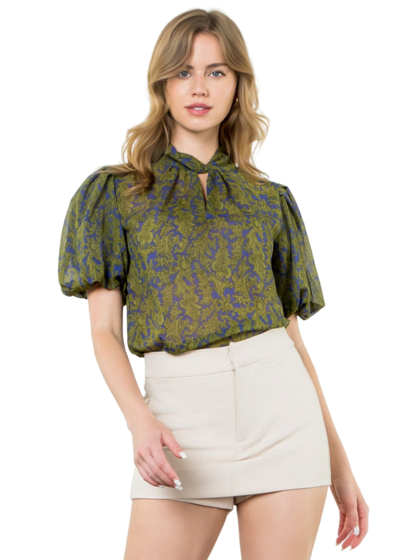 Twist Neck Puff Sleeve Print Top