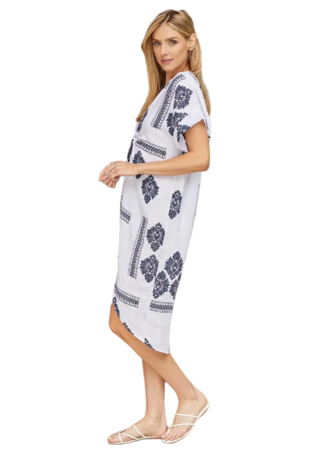 Linen Damask Print Twist Front Dress