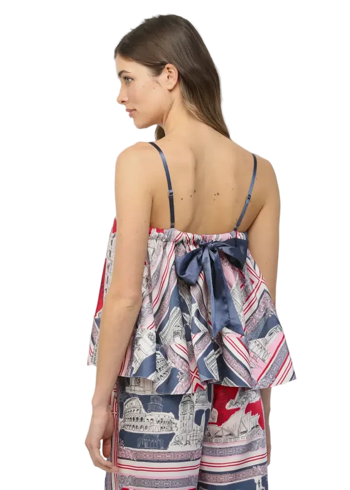 Bordered Destination Print Tie Back Top