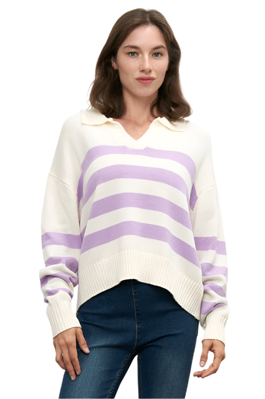 Striped Knit Sweater with Collared Neck