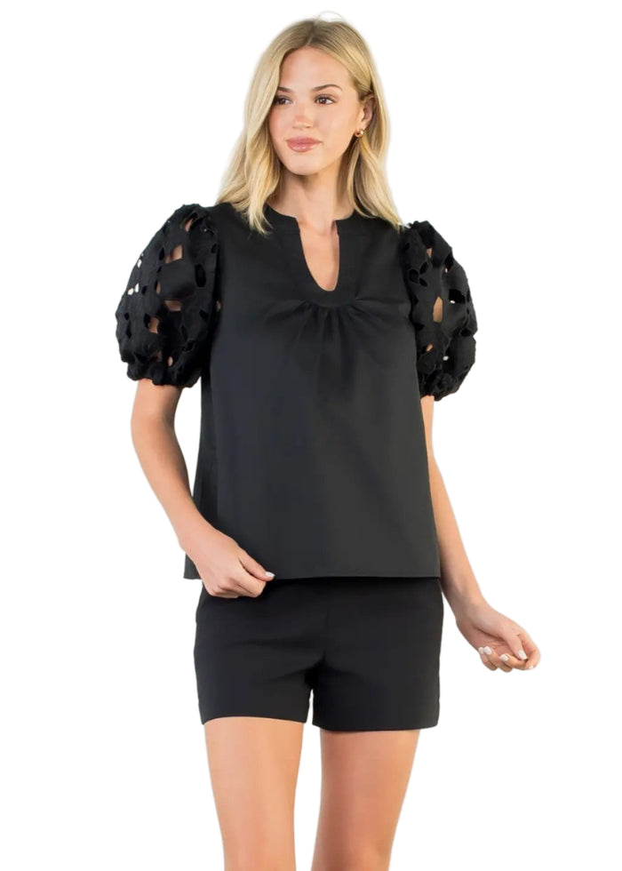 Eyelet Detail Puff Sleeve V-Neck Top