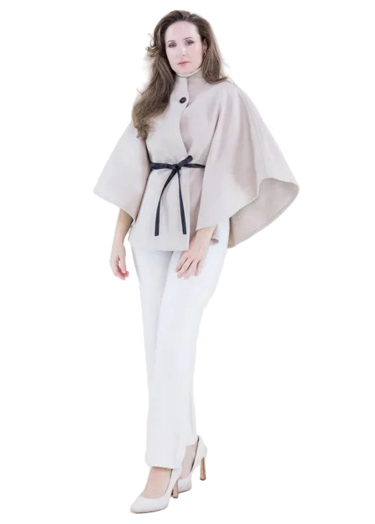 Funnel Neck Faux Leather Belt Cape