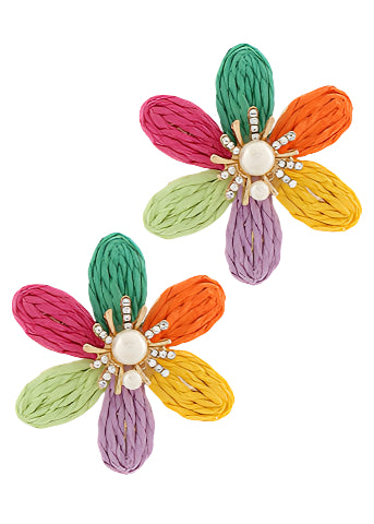 Raffia Flower & Pearl Earrings